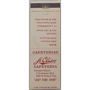 Front Strike Matchbook Cover St Clair's Cafeteria Pompano Beach FL Florida